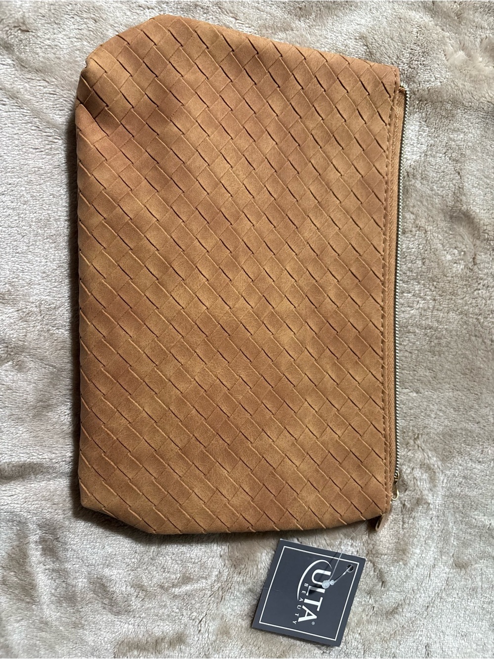 NWT Ulta Beauty Woven Faux Leather Cosmetic Bag Clutch Tan